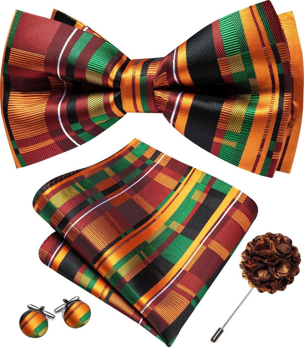 3795 African Kente Bow Ties Stripe Silk Pre-Tied Bowtie Pocket Square